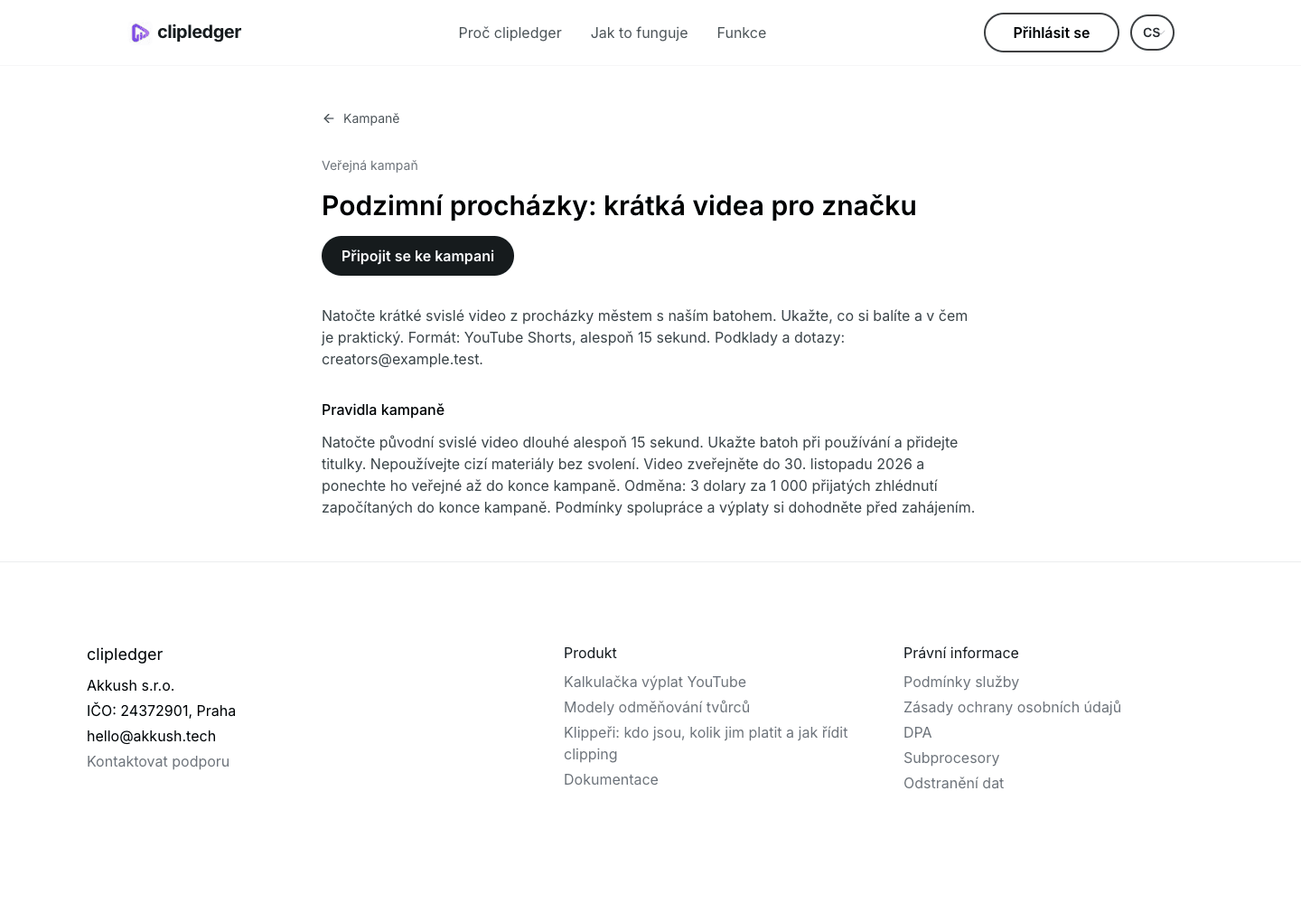 Veřejná stránka kampaně z pohledu nepřihlášeného návštěvníka.