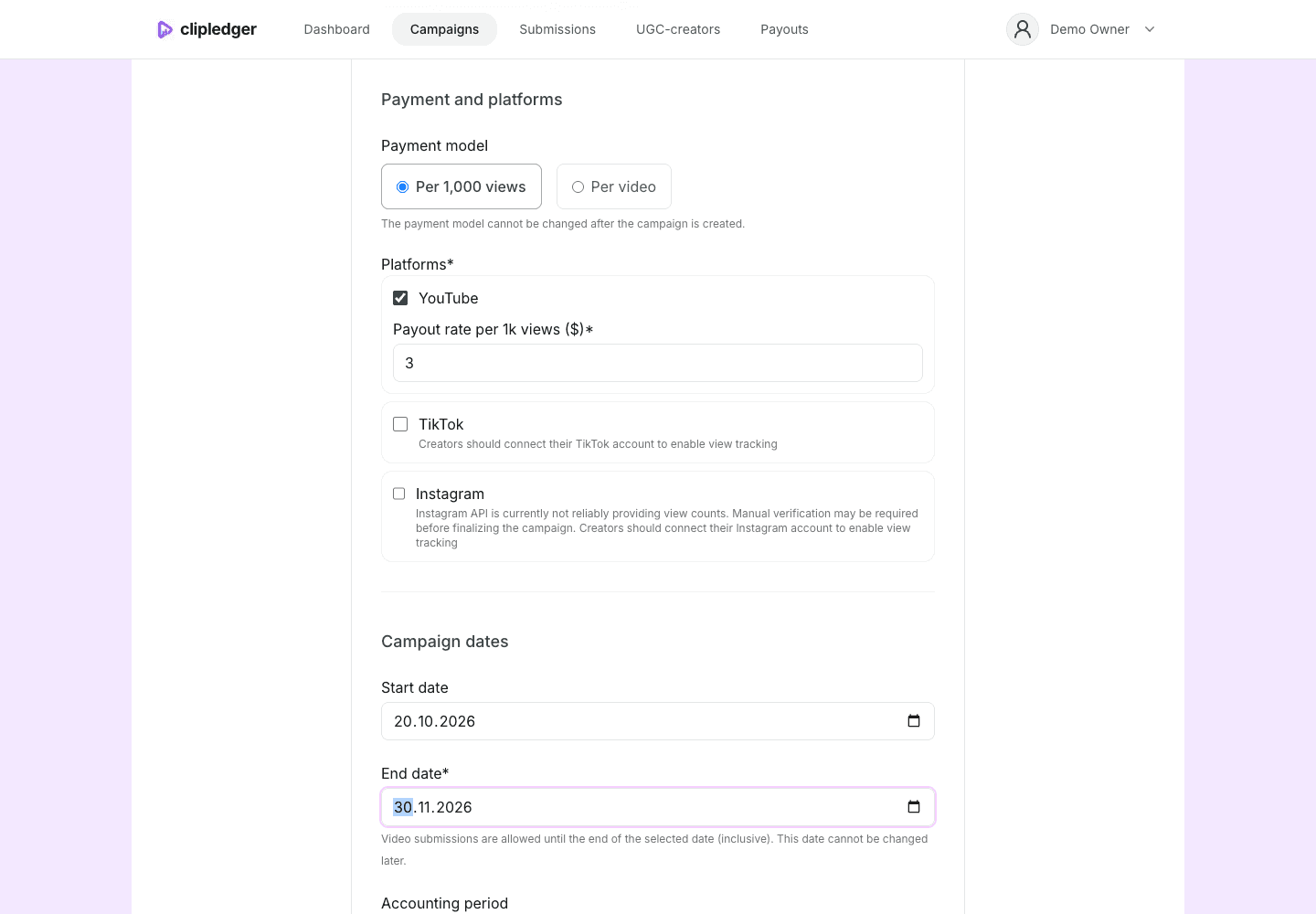 Payment and platforms: payment model and rate for the selected platform.