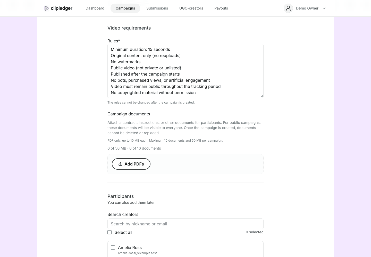 Video requirements: campaign rules and the PDF upload section.